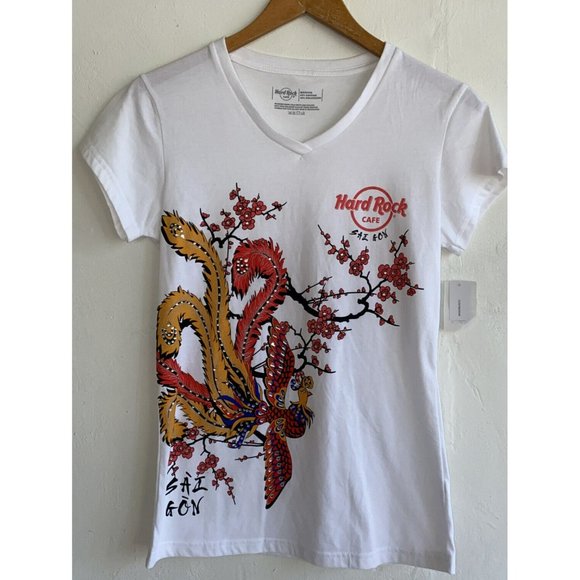 Hard Rock Cafe Tops - Hard Rock Cafe Women's T-Shirt Saigon Medium V-Neck Bling Phoenix Cherry Blossom